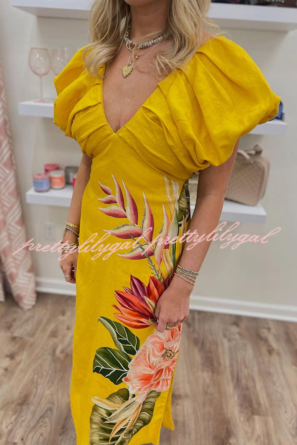 Plant Print V-neck Open Back Holiday Style Slit Midi Dress