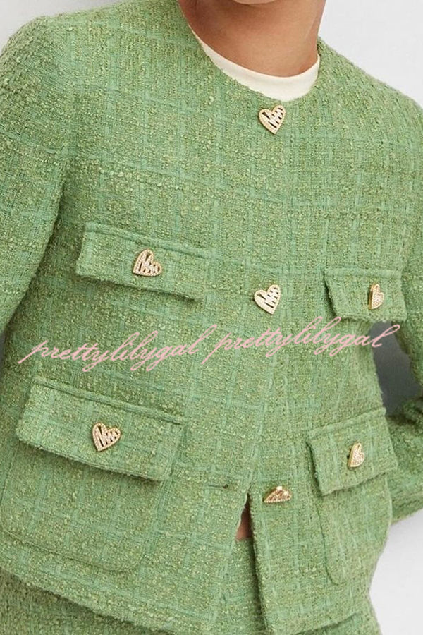 Stylish Tweed Love Button Long Sleeve Casual Pocket Jacket