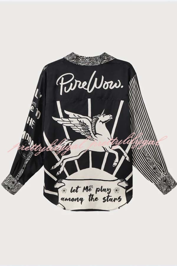 Black Magic Satin Unique Print Long Sleeve Blouse and Elastic Waist Pocket Wide Leg Pants Set
