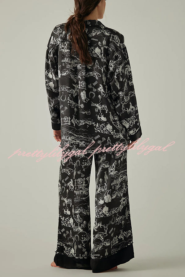 Unique Printed Lounge Long-sleeved Shirt and Elastic Waisted Baggy Pants Set