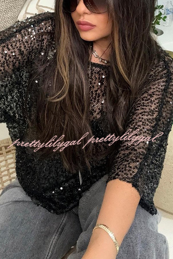 Shine Everywhere Sequin Mesh Half Sleeve Shift Blouse