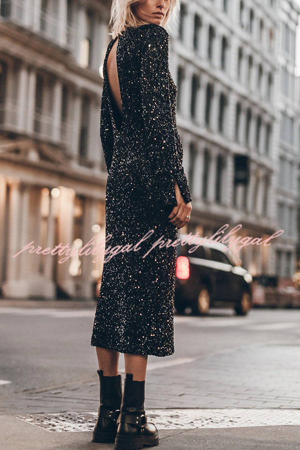 Ignite Sparkly Nights Sequin Extra Long Sleeve Open Back Loose Midi Dress