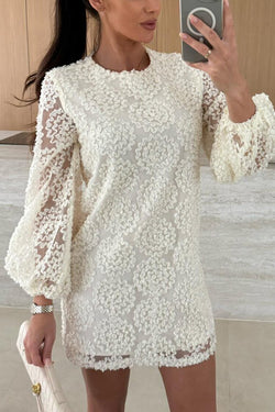 Love Note Lace Texture Fabric Balloon Sleeves Loose Mini Dress