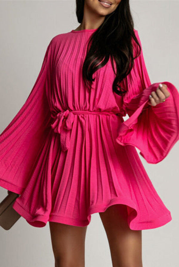 Fashion Bell Sleeve Loose Waist Tie Pleated Mini Dress