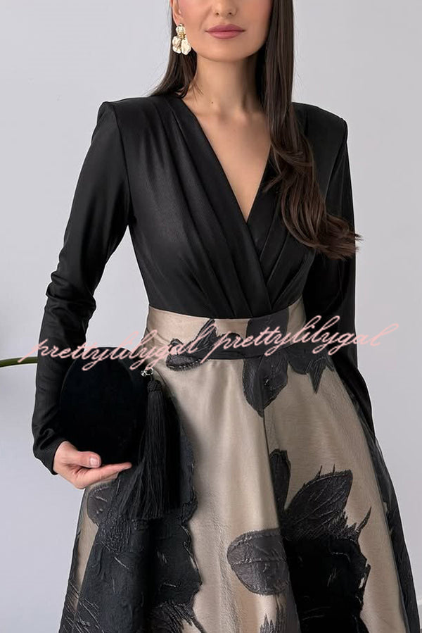 Chic Celebration Glossy Fabric Pleated V-neck Long Sleeve Stretch Bodysuit