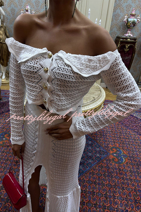 Fashion Knitted Off-the-shoulder Long-sleeved Top and Elastic Slit Maxi Skirt Set