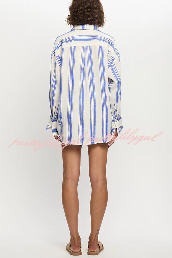 Stripe Print Lapel Long-sleeved Casual Shirt and Elastic Waist Loose Shorts Set