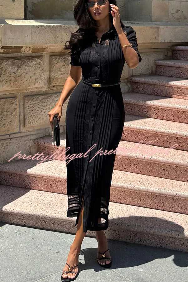 Lysette Lace Trim Pleated Button Up Short Sleeve Shirt Midi Dress