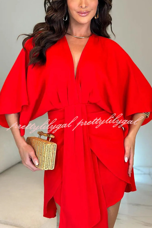 Solid Color V-Neck Half Sleeve Casual Irregular Mini Dress