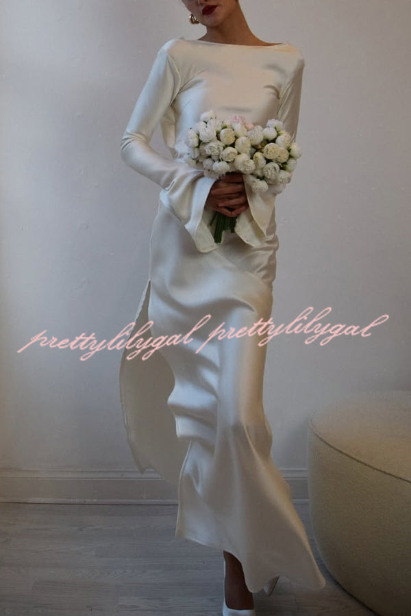 Satin Elegant Long-sleeved Open-back Slim-fit Slit Maxi Dress