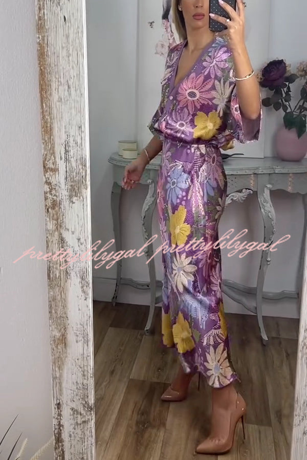 Satin Floral Print V-neck Half-sleeve Loose Top and Elegant Maxi Skirt Set