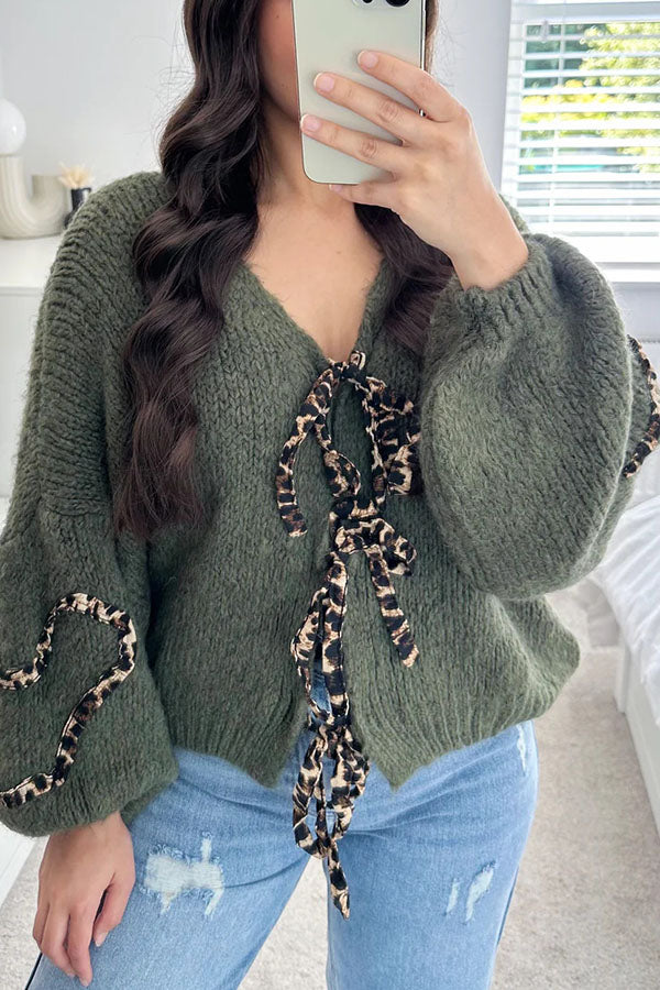 Fashionable Loose Long-sleeved Leopard Print Lace-up Knitted Sweater Cardigan