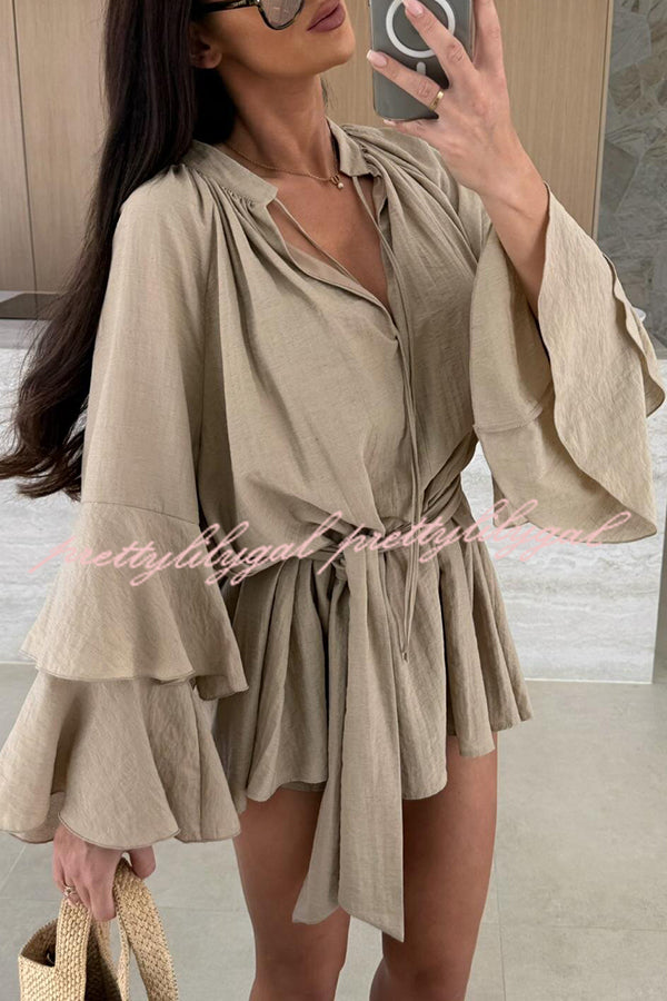 Solid Color V-neck Ruffled Long Sleeve Waist Tie Mini Dress