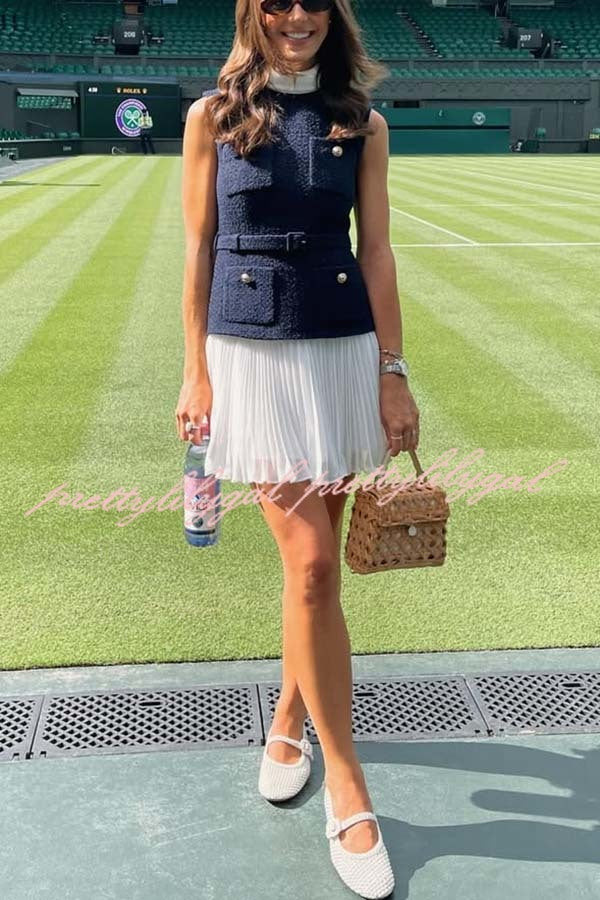 Sporty Elegance Tweed Metal Button Belted Pleated Hem Mini Dress
