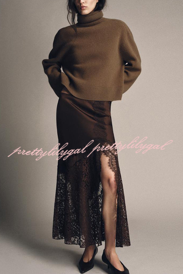 Cozy Sweet Darling Satin Lace Patchwork Mid Rise Slit Maxi Skirt