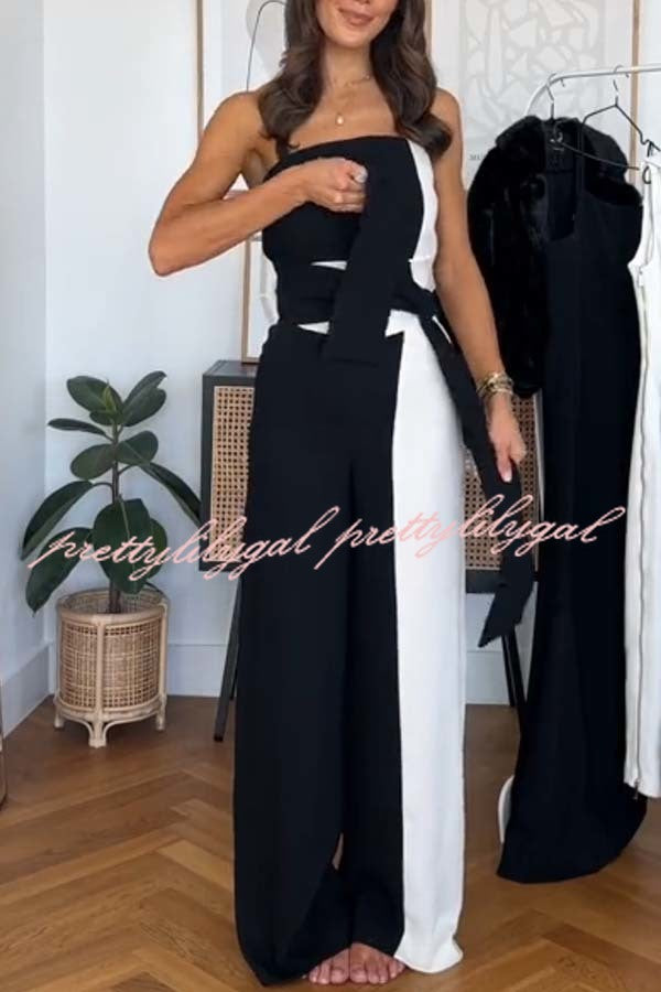 Social Hour Colourblock Tailored Bandeau Tie-up Waist Wide Leg Jumpsuit