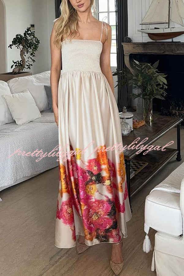 Hidden Garden Satin Floral Print Smocked Tie-up Shoulder Maxi Dress