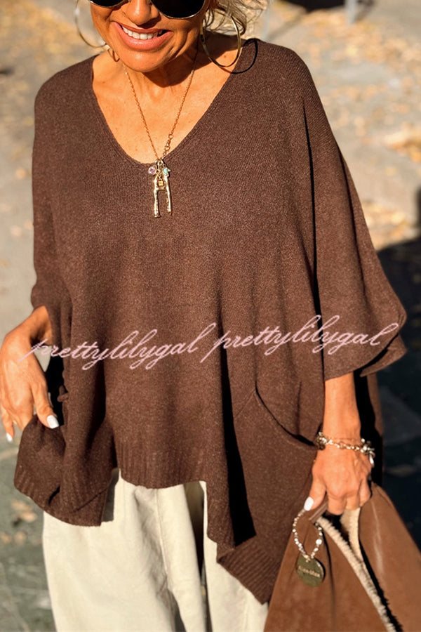 Fashion V-neck Loose Pocket Mid-length Knitted Sweater