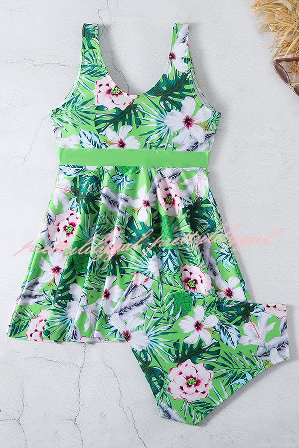 Cheerful Floral Print Bow Detail Tankini Swimsuit Set