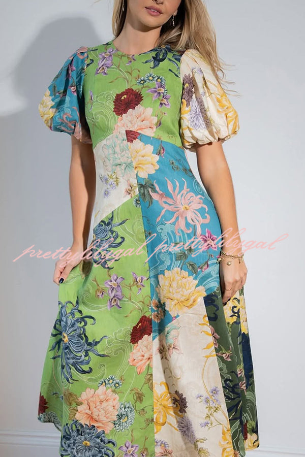Floral Print Round Neck Puff Sleeve Casual Midi Dress