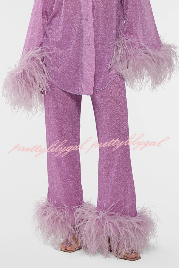 Glitter Fabric Feather Trim Long Sleeve Button Top and Elastic Waist Loose Straight Pants Set