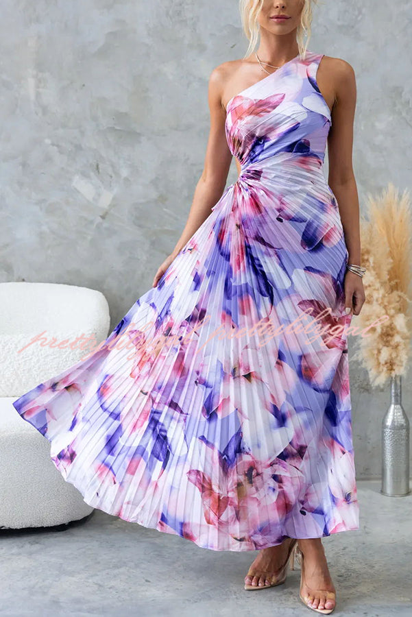 Laken Floral Print One Shoulder Adjustable Tie Cutout Pleated Maxi Dress