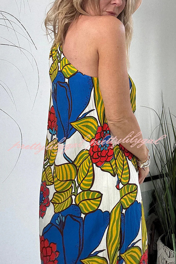 Floral Unique Printed One Shoulder Pocketed Loose Maxi Dress