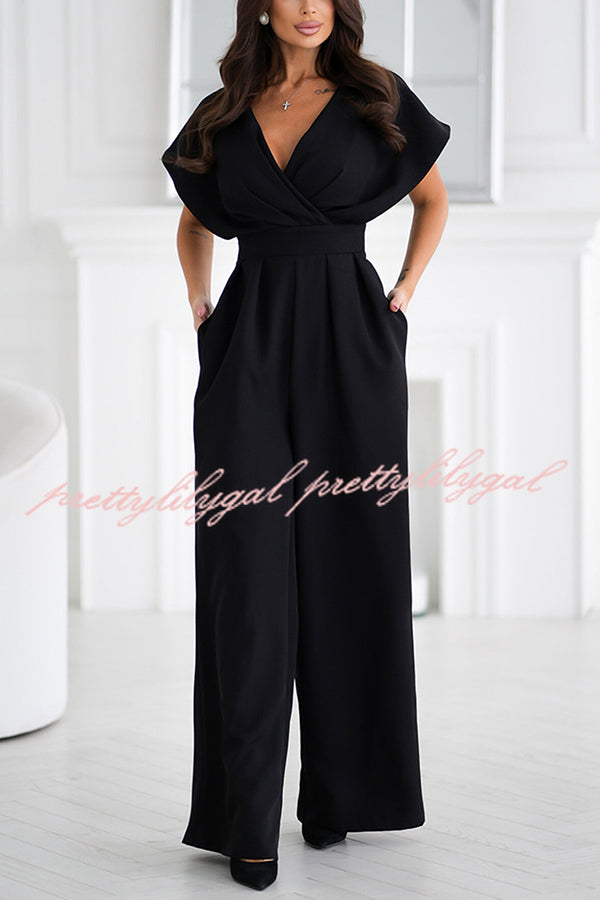 Solid Color V-neck Waist Casual Wide-leg Jumpsuit