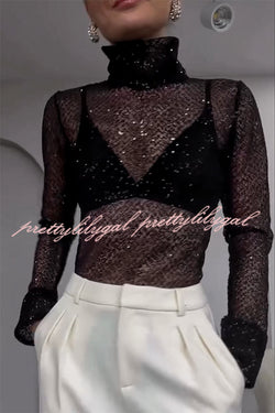 Shimmering Twilight Sequin Turtleneck Long Slit Sleeve H-line Blouse