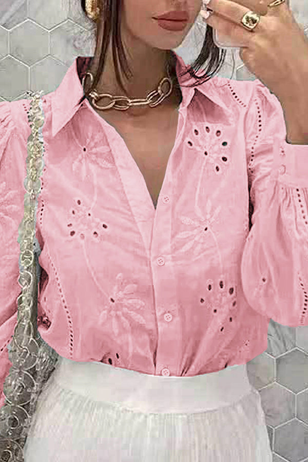 Fashion Hollow Puff Sleeve Casual Lapel Loose Shirt
