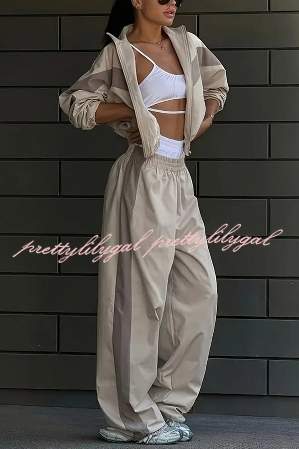 Fashionable Contrasting Long-sleeved Loose Coat and Elastic Waist Wide-leg Pants Set