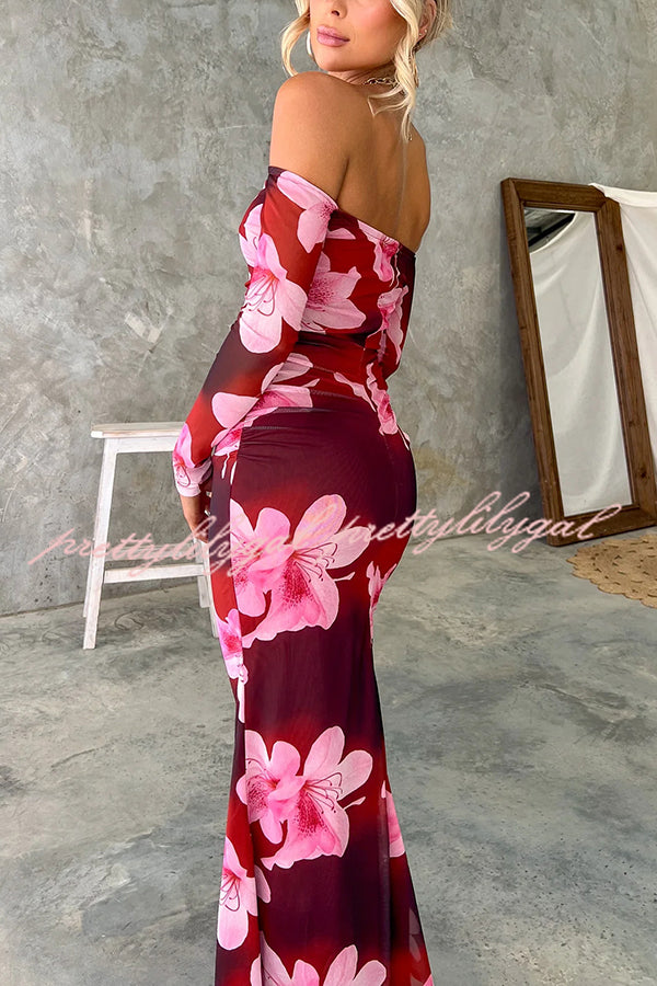 Floral Fantasy Mesh Off Shoulder Long Sleeve Stretch Maxi Dress
