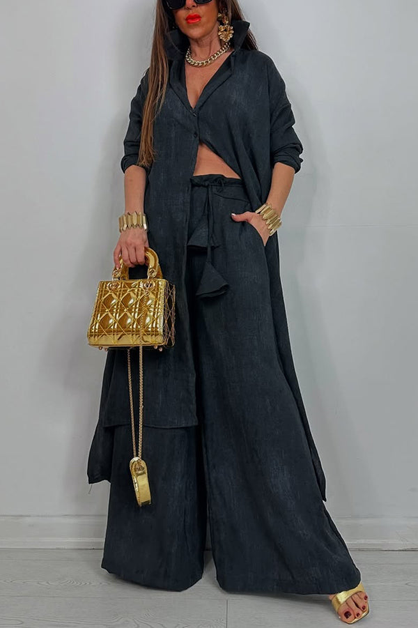 Solid Color Casual Loose Long Shirt and Elastic Waist Pocket Wide Leg Pants Set