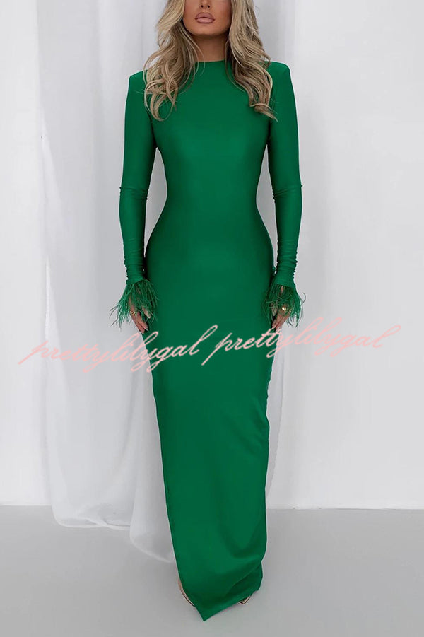 Solid Color Round Neck Ostrich Feather Long Sleeve Slim Maxi Dress