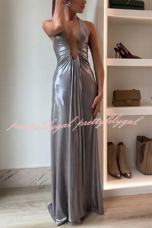 Sexy Silhouette Metallic Fabric Deep U-neck Halter Waterfall Sash Drape Maxi Dress