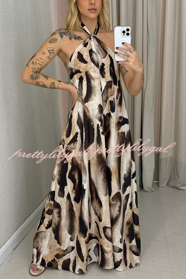 Leopard Print Sexy Halter Neck Backless Loose Maxi Dress