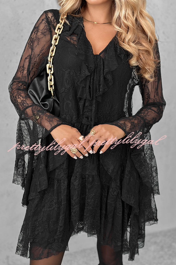 Feeling Lighthearted Lace Ruffle Neck Bell Sleeve Layered Hem A-line Mini Dress