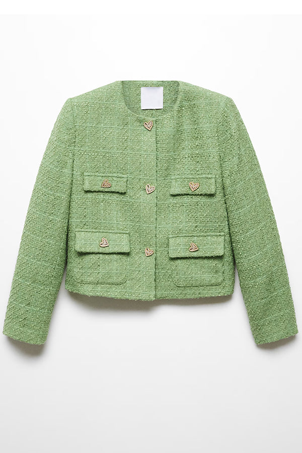 Stylish Tweed Love Button Long Sleeve Casual Pocket Jacket