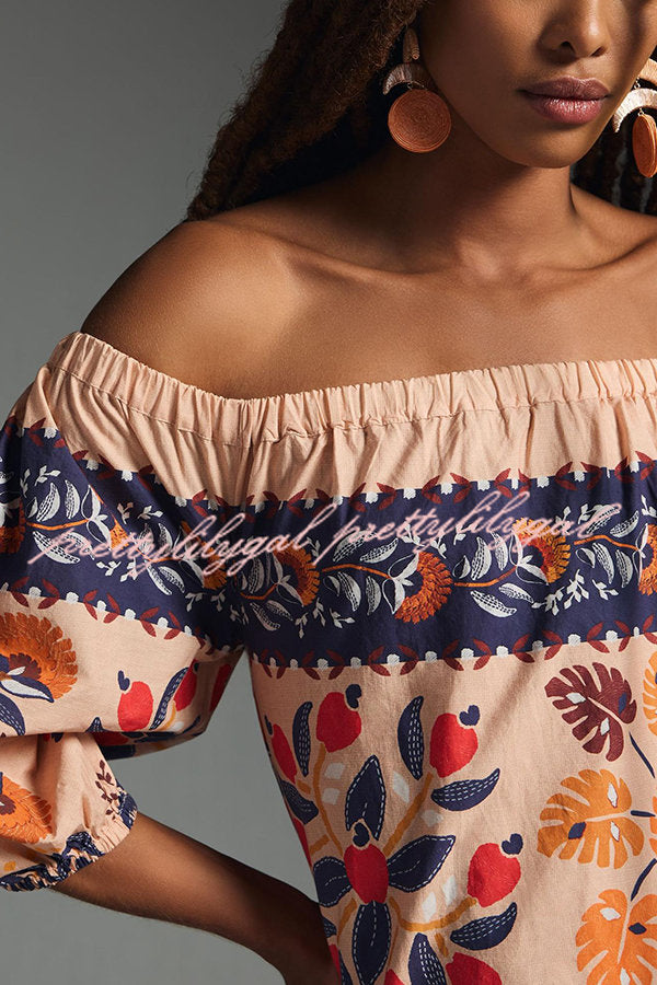 Island Lover Printed Off The Shoulder Pocketed Flowy Midi Dress