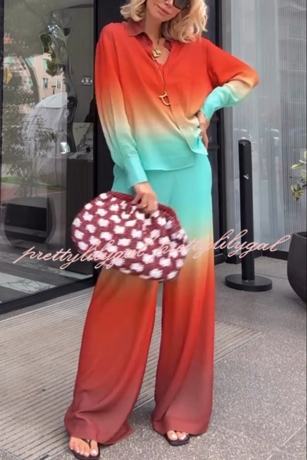 Neon Sunset Gradient Print Long Sleeve High Low Hem Blouse and Elastic Waist Loose Pants Set