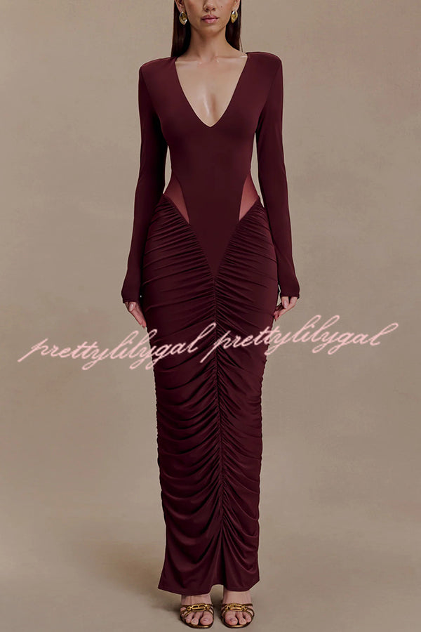 Sexy See-through Long-sleeved V-neck Pleated Slim-fit Maxi Dress
