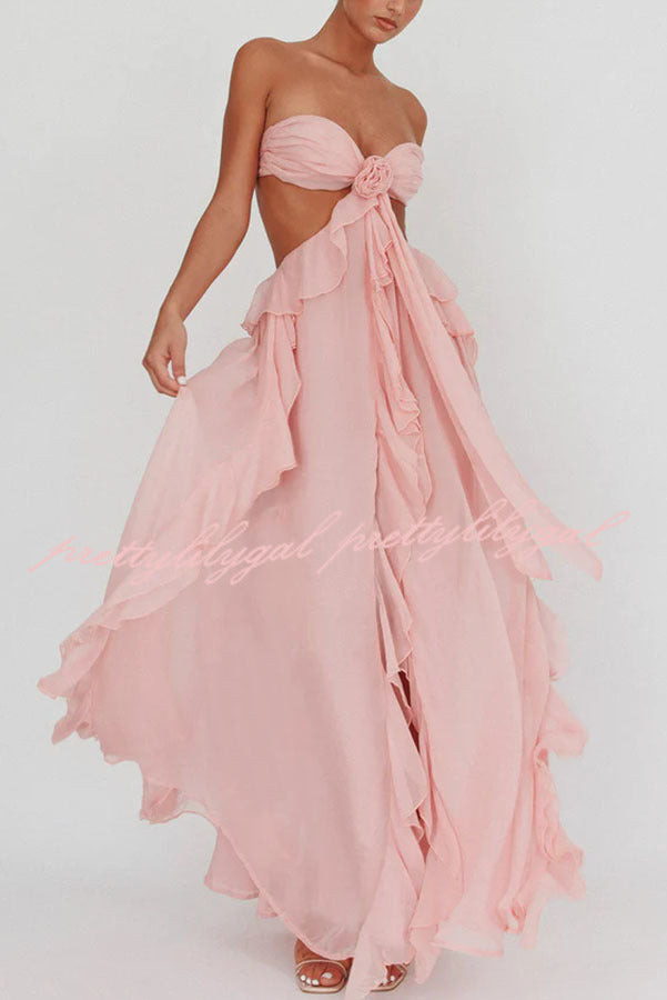 Gorgeous Vacation Halter Rose Detail Cut Out Ruffles Backless Maxi Dress