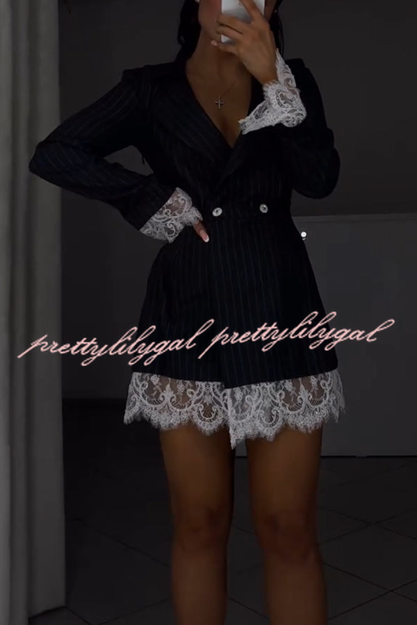 Merrin Striped Lace Trim Double-breasted Long Sleeve Lapel Blazer Mini Dress