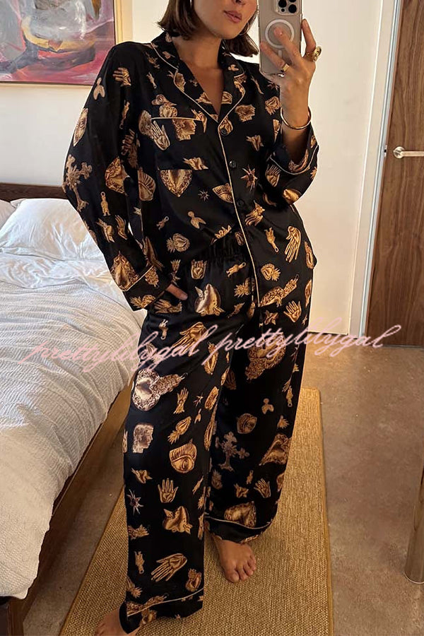 Golden Night Unique Print Color-block Trim Loose Shirt and Elastic Waist Pocketed Pajama Set