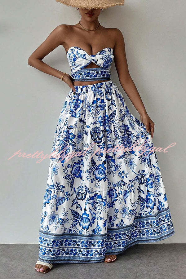 Floral Print Cutout Bandeau Top and Elastic Waist Full Maxi Skirt Set