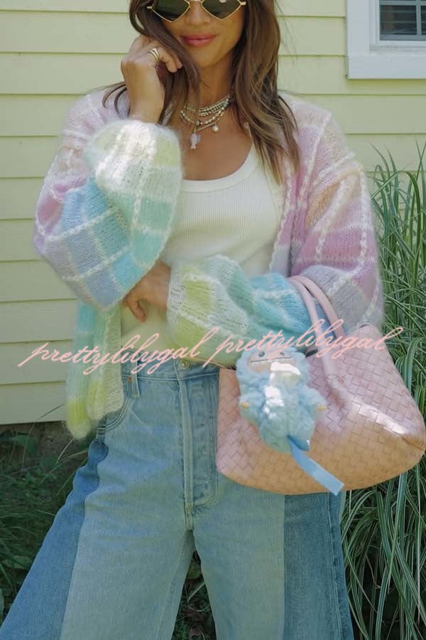 Palette Day Knit Color Blocks Open Front Balloon Sleeve Loose Cardigan