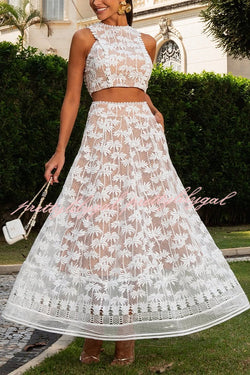 Island Dating Coconut Tree Embroidery Lace High Rise Pocketed A-line Maxi Skirt