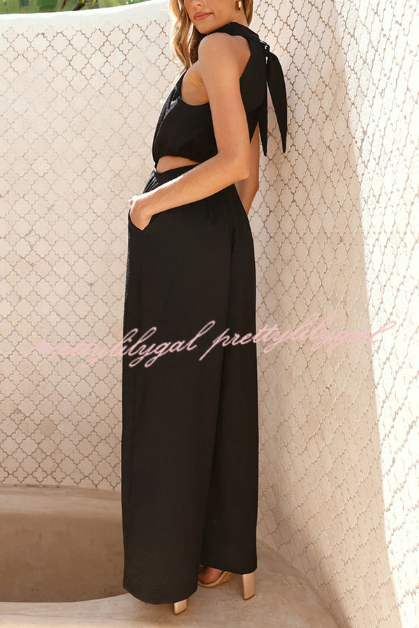 Solid Color Resort Style Halter Neck Waist Pocket Wide Leg Jumpsuit