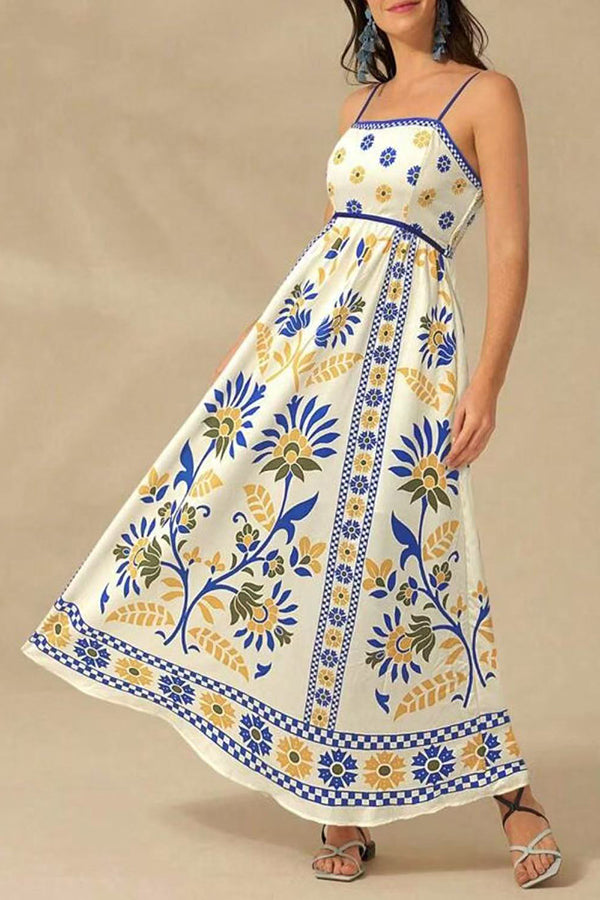 Unique Printed Sling Back Pleated Loose Holiday Maxi Dress