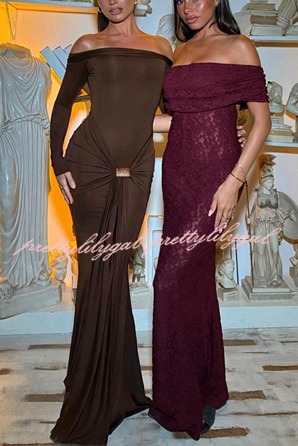 Naia Off Shoulder Long Sleeve Metal Buckle Adjustment Drape Stretch Maxi Dress